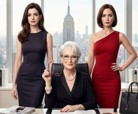Três mulheres em trajes de negócios elegantes em um escritório moderno com vista para a cidade, incluindo o Empire State Building.